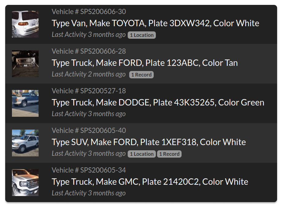 Vehicle records list