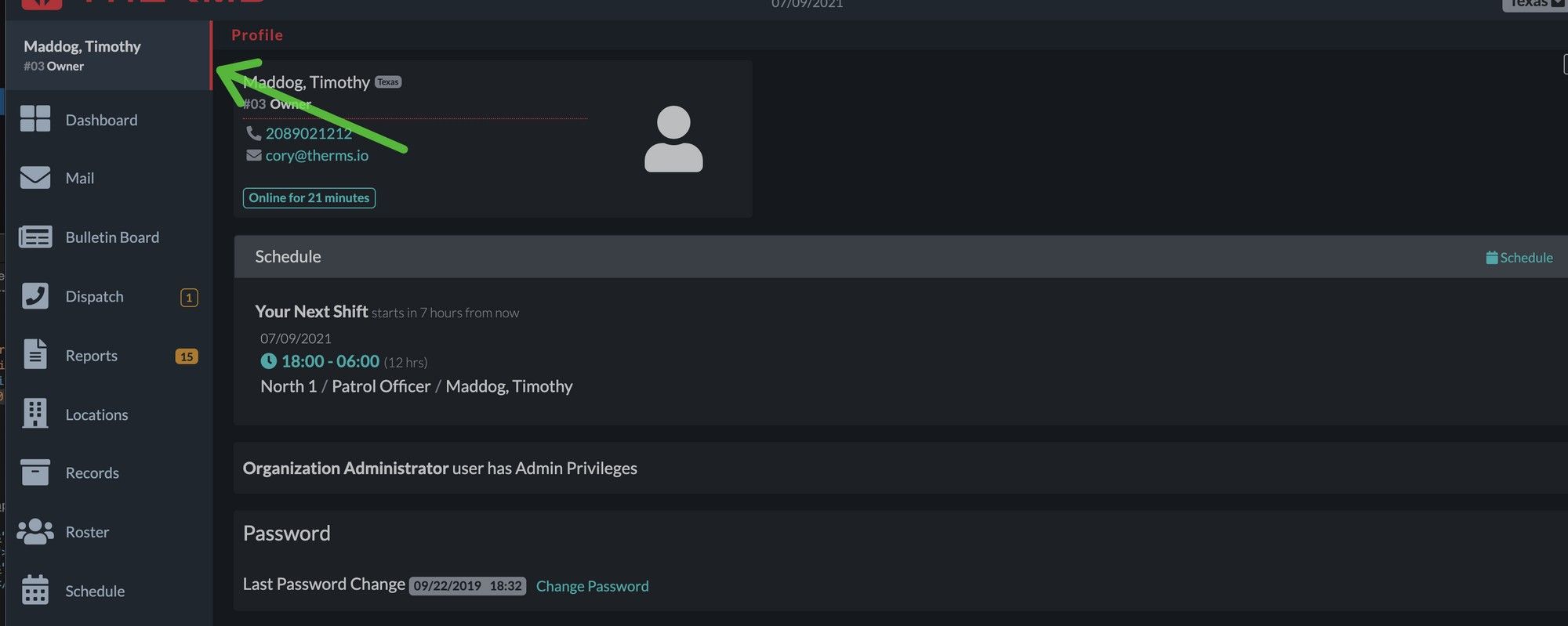 User name highlighted on left side bar by an arrow.